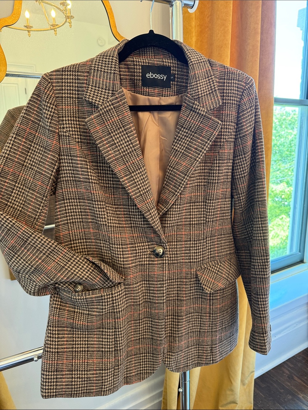 Women’s Plaid Single-Button Blazer in Brown and Red Check, Ralph Lauren style